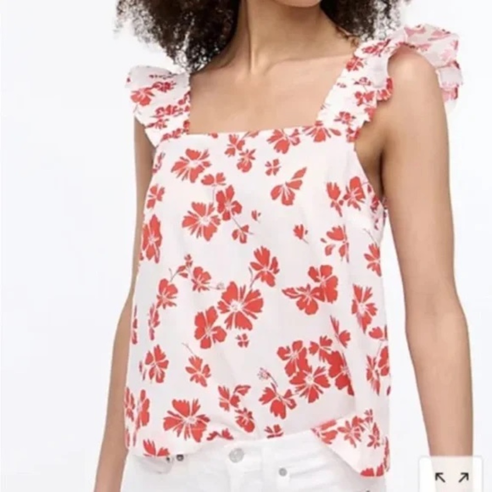 J.Crew Women’s White with Red Floral Sleeveless Top Ruffled & Shirred Strap